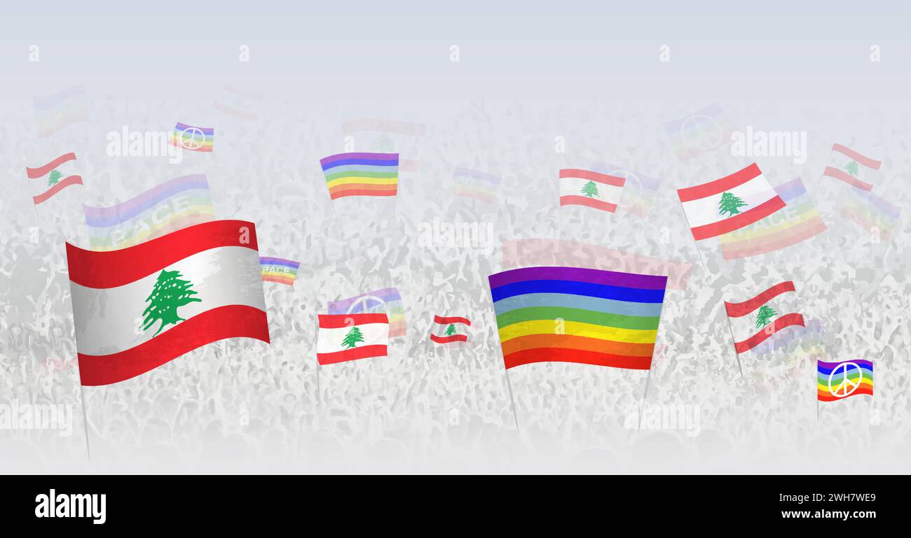 Des gens agitant des drapeaux de paix et des drapeaux du Liban. Illustration de throng célébrant ou protestant avec le drapeau du Liban et le drapeau de la paix. Vecteur illus Illustration de Vecteur