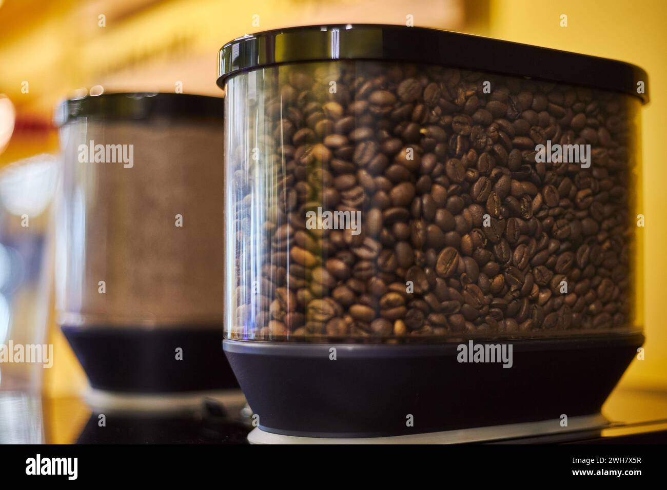 Grains de café torréfiés dans un récipient transparent en plastique avec couvercle noir d'une grande machine à café industrielle dans un café, foyer sélectif, gros plan. Makin Banque D'Images