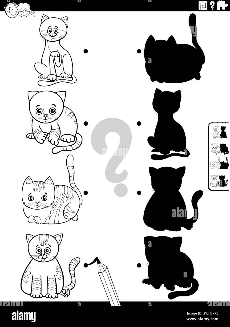 Illustration de dessin animé noir et blanc de correspondre aux ombres à droite avec des images activité éducative avec la page de coloriage de chatons drôles Illustration de Vecteur