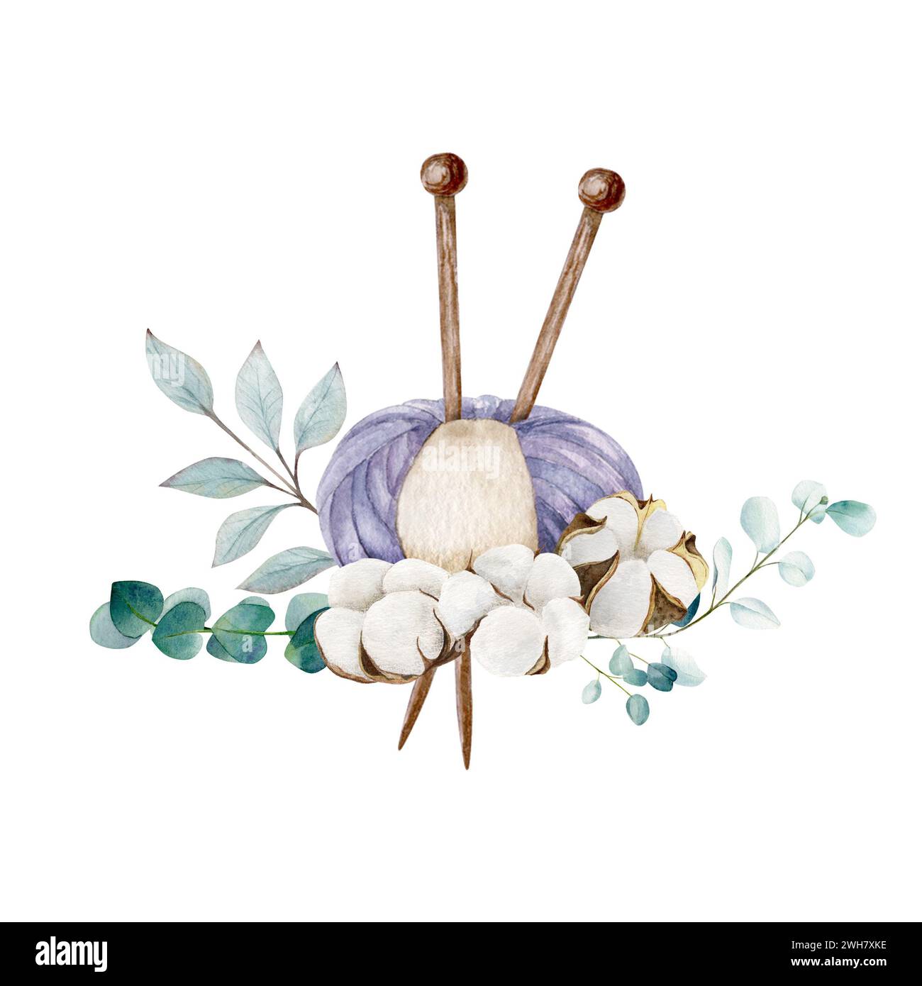 Boule à tricoter de fil et aiguilles pointues simples avec des bolls de coton et des branches d'eucalyptus, dessin à la main, illustration aquarelle Banque D'Images