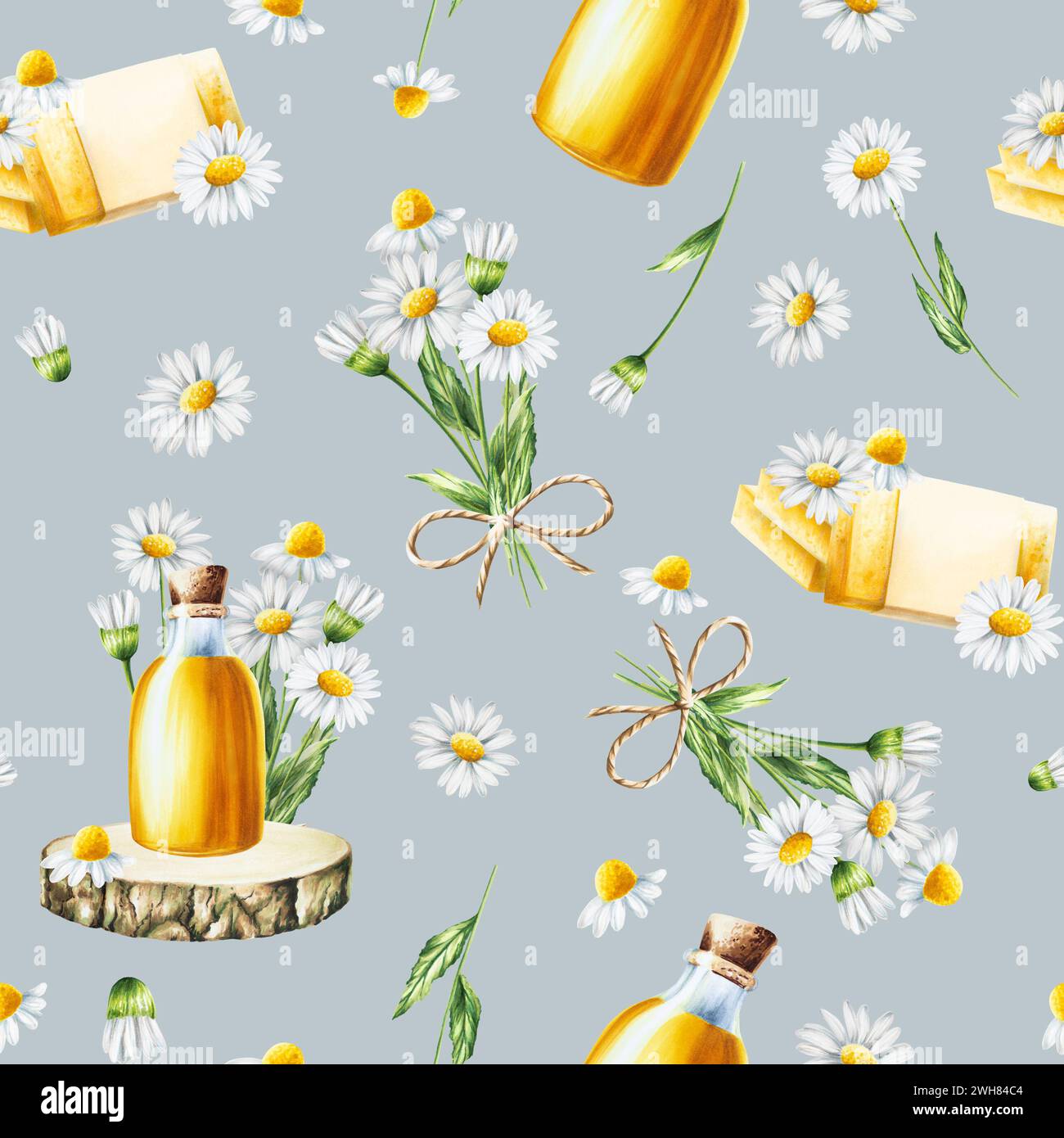 Modèle sans couture aquarelle avec illustration de fleurs de Marguerite blanche et bouteille en verre à l'huile avec bouchon de liège sur une scie en bois et du savon isolé sur fond. Banque D'Images