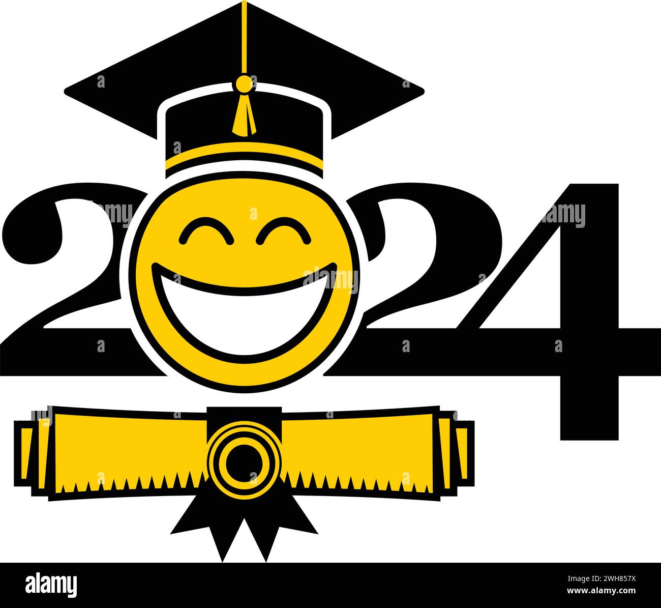Classe de 2024. Émoticone sourire dans la casquette de remise des diplômes. Modèle pour les voeux, carte d'invitation fête de graduation. Vecteur sur fond transparent Illustration de Vecteur