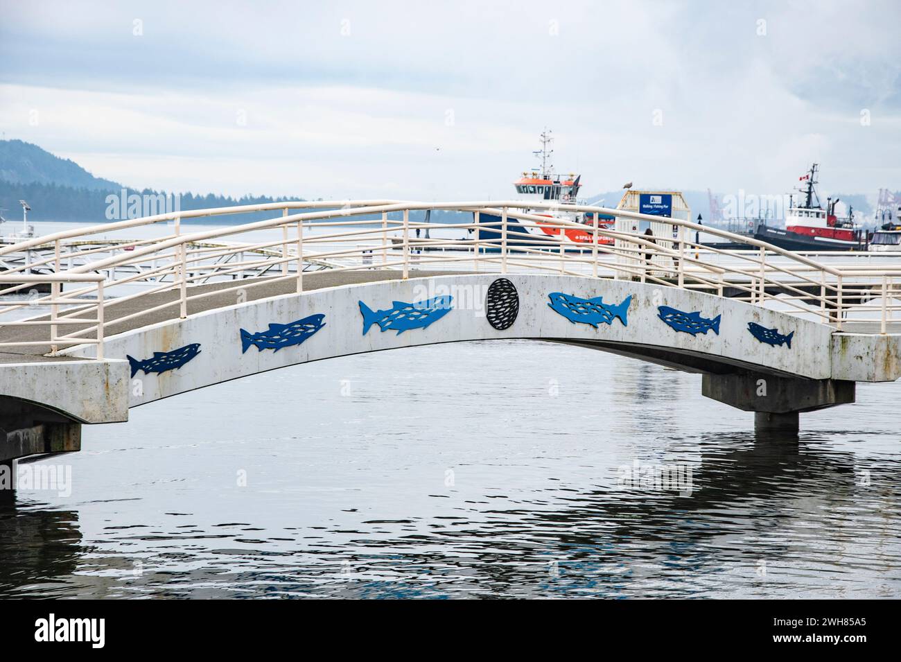 Murale de saumon sur le pont au parc Maffeo Sutton à Nanaimo, Colombie-Britannique, Canada Banque D'Images