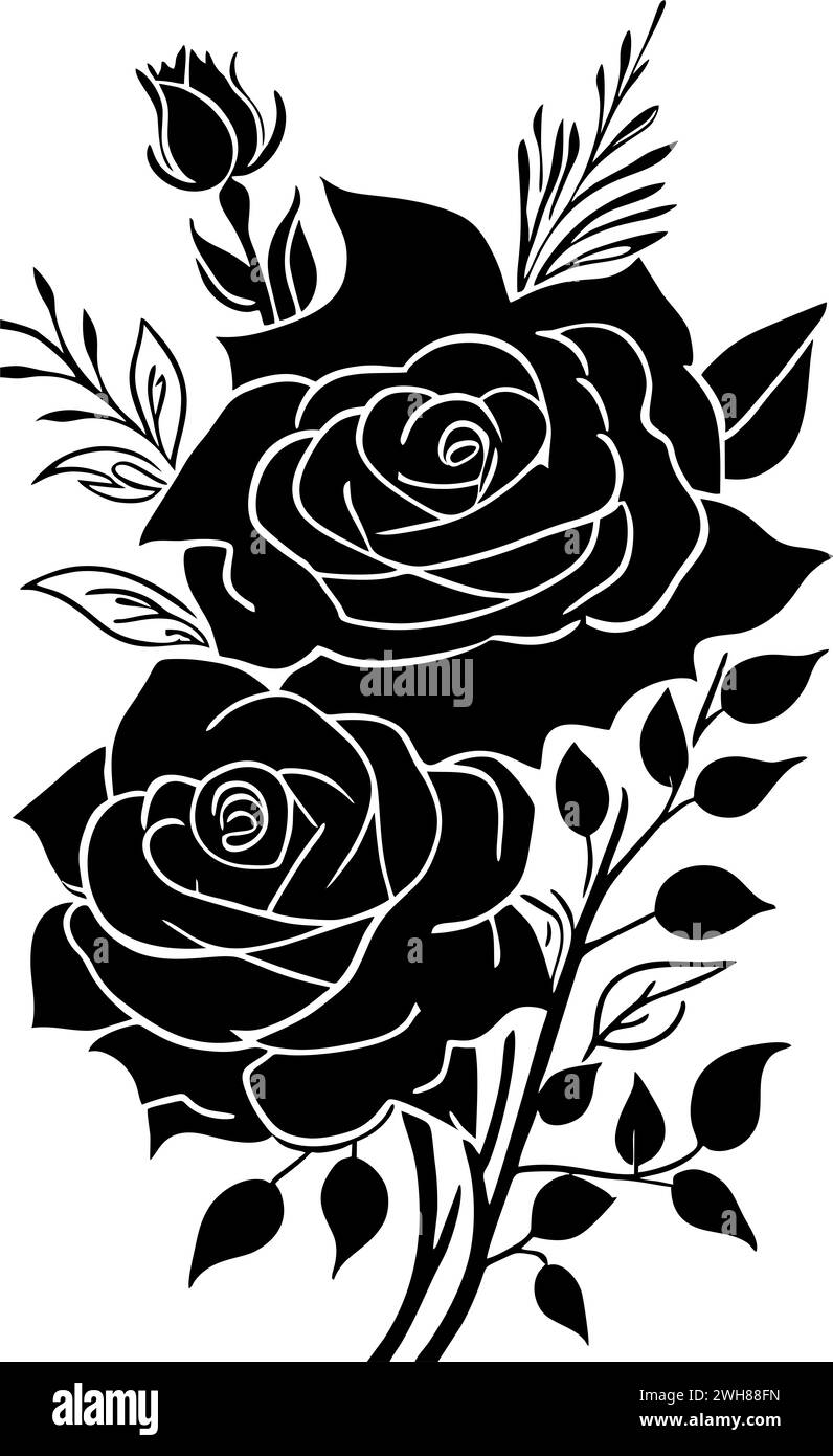 dessin graphique noir d'une fleur de rose avec des feuilles, monochrome, élément décoratif Banque D'Images