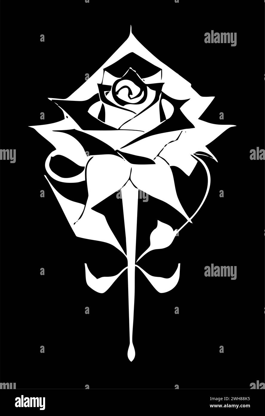 dessin graphique blanc d'une fleur de rose avec des feuilles sur un fond noir, logo Banque D'Images