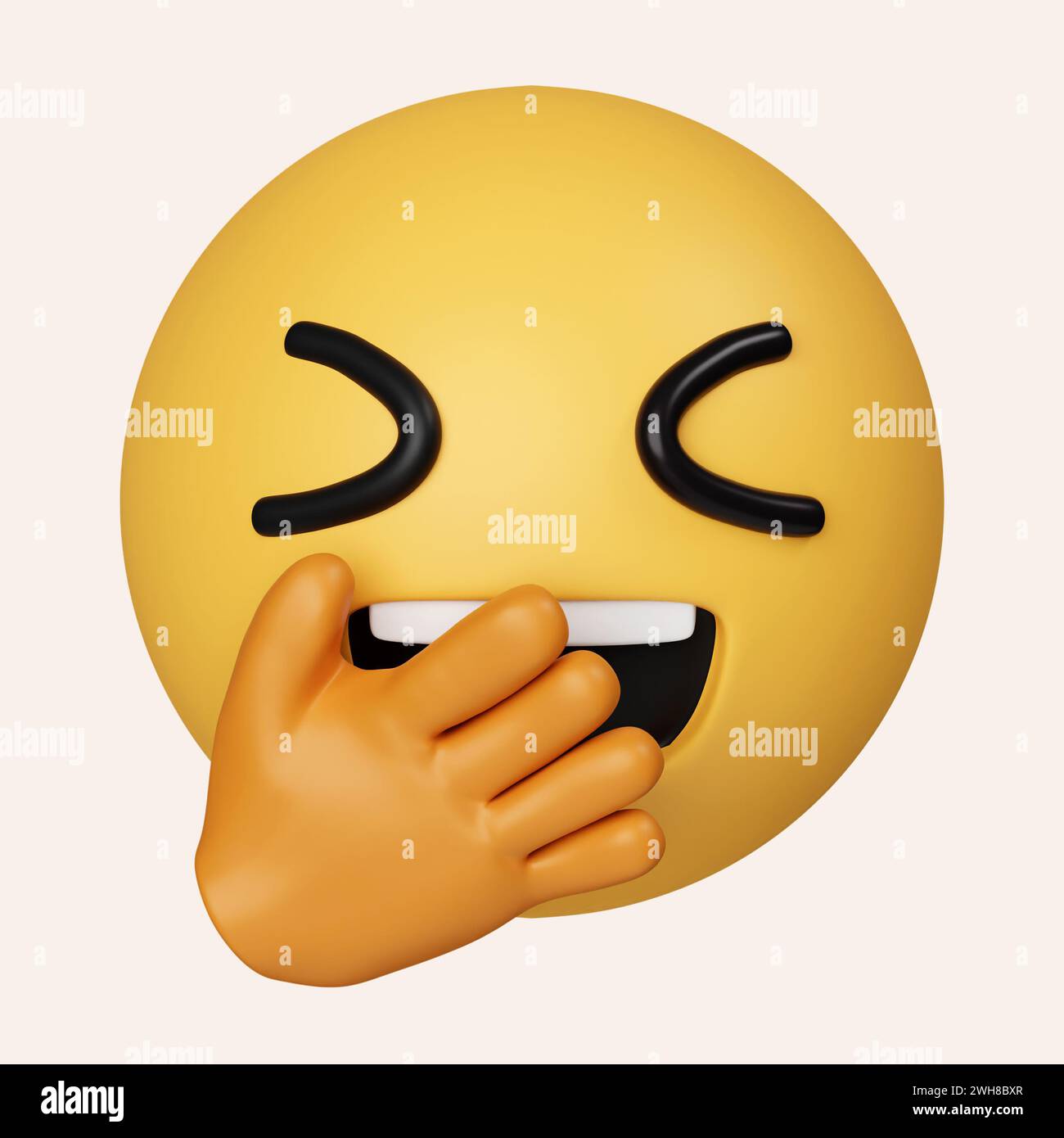 3d Chuckle Emoji. Émoticone couvre la bouche avec la main tout en riant. icône isolée sur fond gris. illustration de rendu 3d. Masque. Banque D'Images