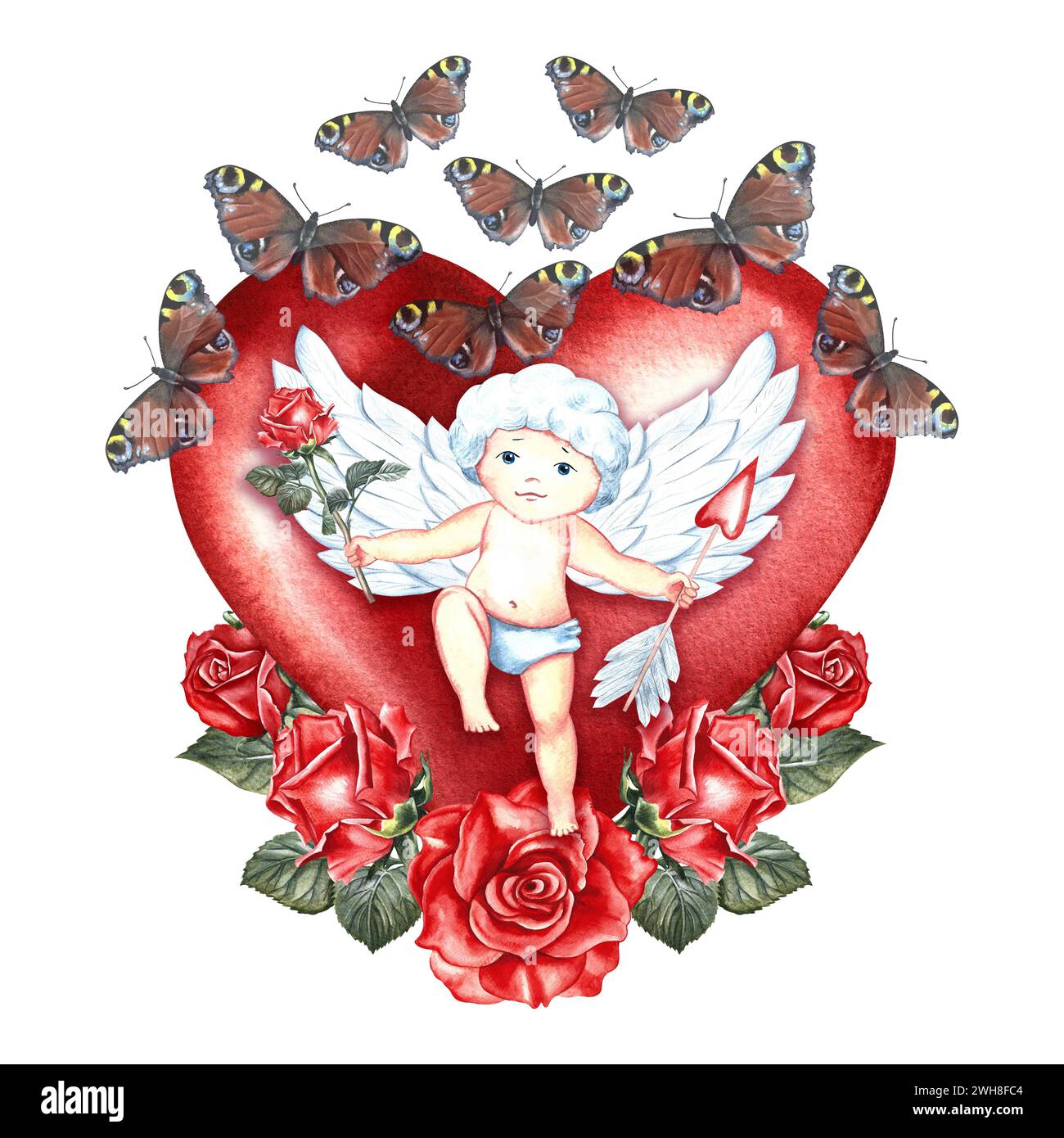 Mignon petit cupidon sur le fond d'un coeur rouge avec des roses et des papillons. Illustration à l'aquarelle dessinée à la main. Pour les amoureux, Saint-Valentin et mer Banque D'Images