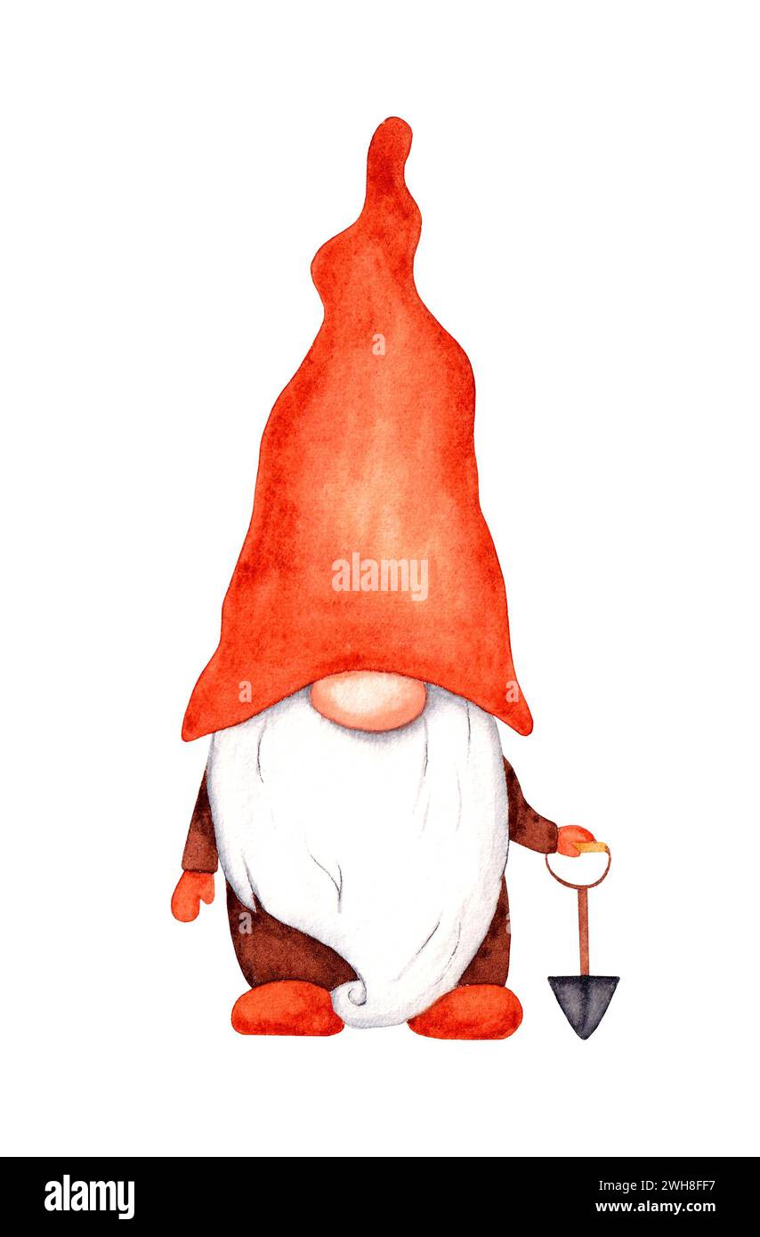 Gnome de jardin aquarelle avec une pelle. Illustration dessinée à la main sur un fond blanc. Nain peint à la main avec chapeau pour la conception de carte saisonnière Banque D'Images