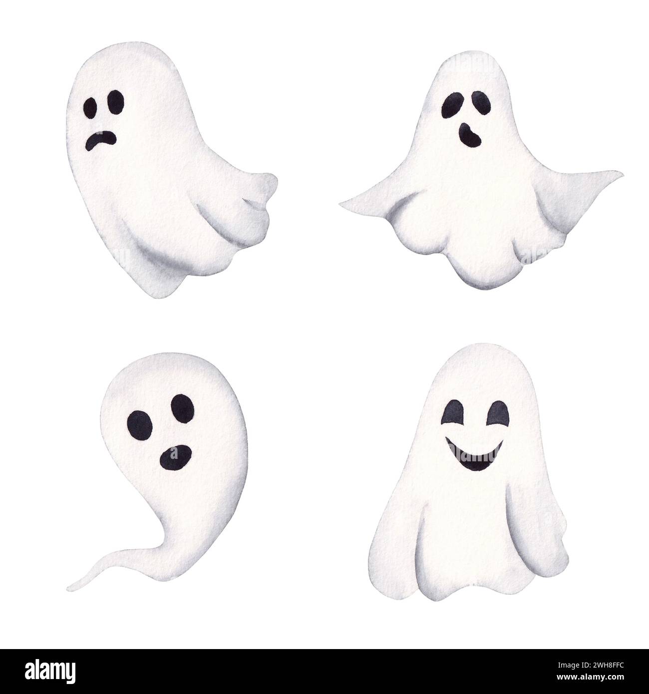 Ensemble aquarelle de fantômes. Pour des compositions design sur le thème de l'Halloween. Illustration dessinée à la main isolée sur fond blanc Banque D'Images