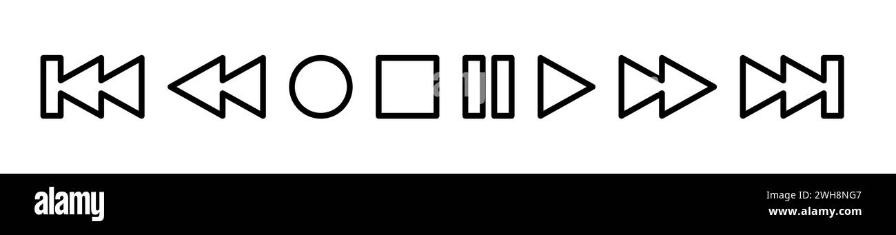 Ensemble d'icônes de lecture. Symboles vectoriels de contour noir simples en noir - lecture, pause, arrêt, enregistrement. rembobiner, avancer, précédent et suivant. Illustration de Vecteur