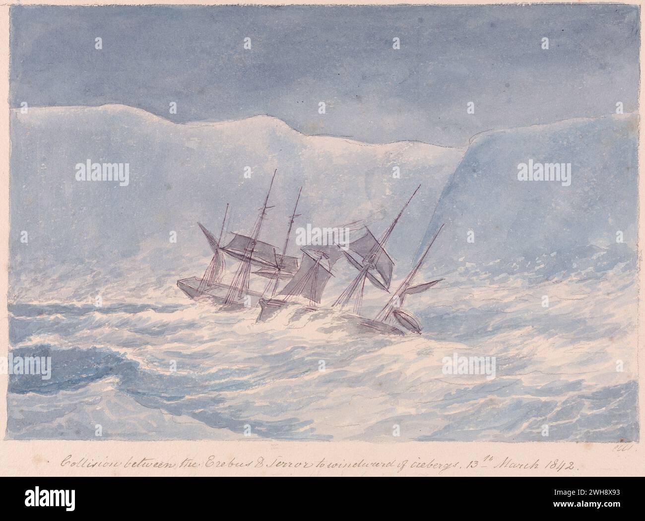 'Collision Between the Erebus & Terrror to Windward of icebergs, 13 mars 1842' tiré du livre 'Views of Polar Regions' de Charles Hamilton Smith, belge, non daté, aquarelle et graphite sur papier tissé crème modérément épais, modérément texturé, montre la collision entre deux navires dans une mer orageuse entourée d'icebergs Banque D'Images