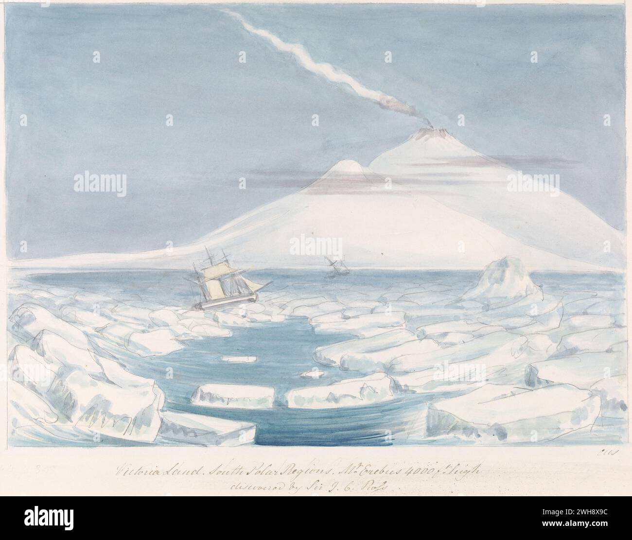 'Victoria Land South Polar Regions Mount Erebus' d'après le livre 'Views of Polar Regions' de Charles Hamilton Smith, belge, non daté, aquarelle et graphite sur papier tissé crème modérément épais, modérément texturé, montrer le bateau naviguant entre les icebergs des mers du sud avec Erubus volcanique en arrière-plan' Banque D'Images