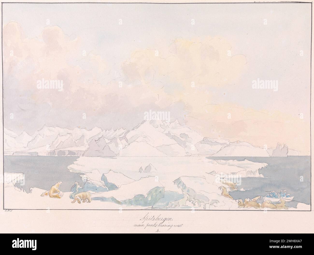 'Spitzbergen, main Peaks Bearing West' tiré du livre 'Views of Polar Regions' de Charles Hamilton Smith, belge, non daté, aquarelle et graphite sur papier tissé crème modérément épais, modérément texturé, avec ours polaires et morse. Vue imprenable des chasseurs dans un bateau Banque D'Images