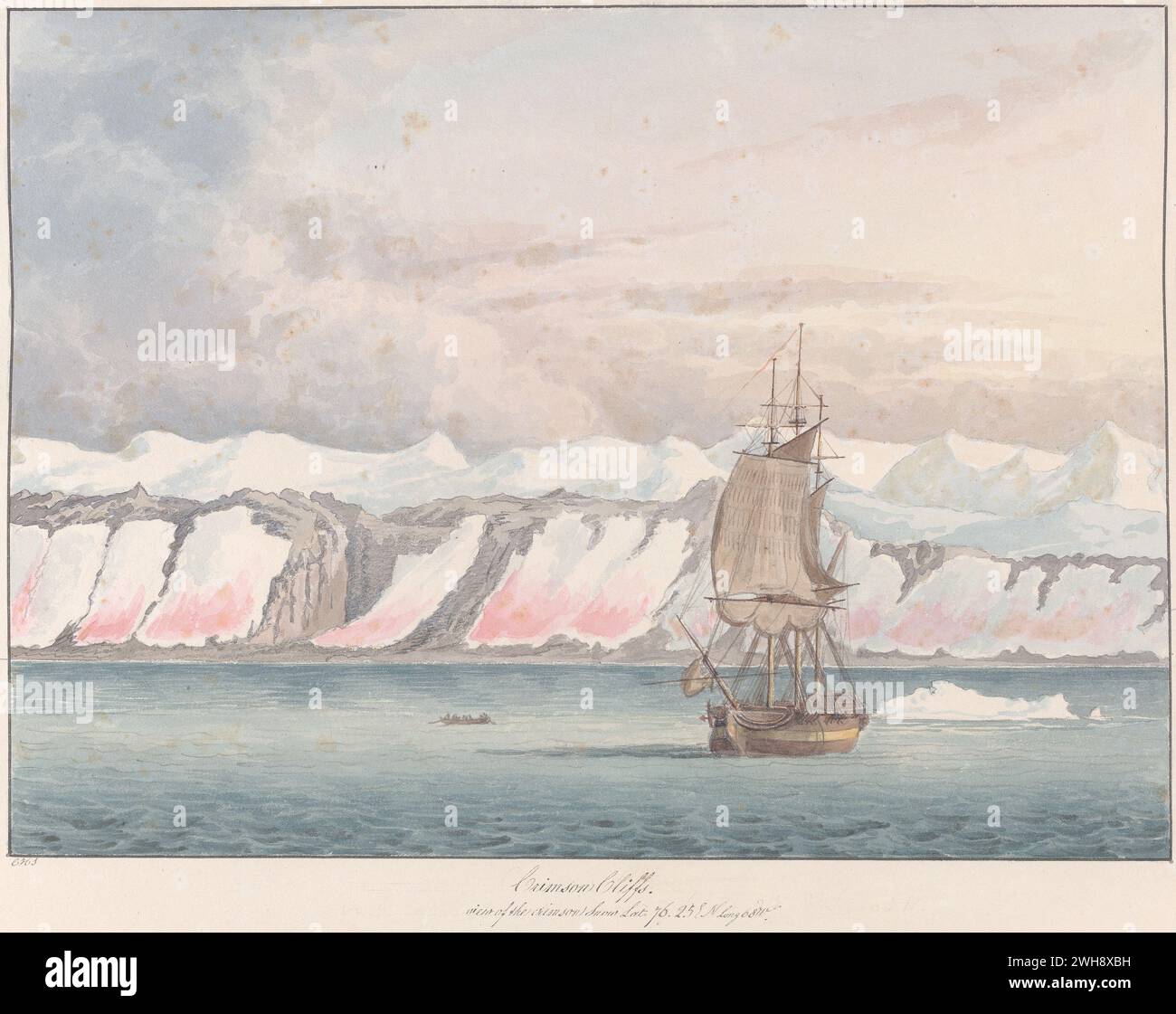 'Crimson Cliffs' tiré du livre 'Views of Polar Regions' de Charles Hamilton Smith, belge, non daté, aquarelle et graphite sur papier tissé crème modérément épais, modérément texturé, bateau naviguant sur des falaises de glace rose Banque D'Images