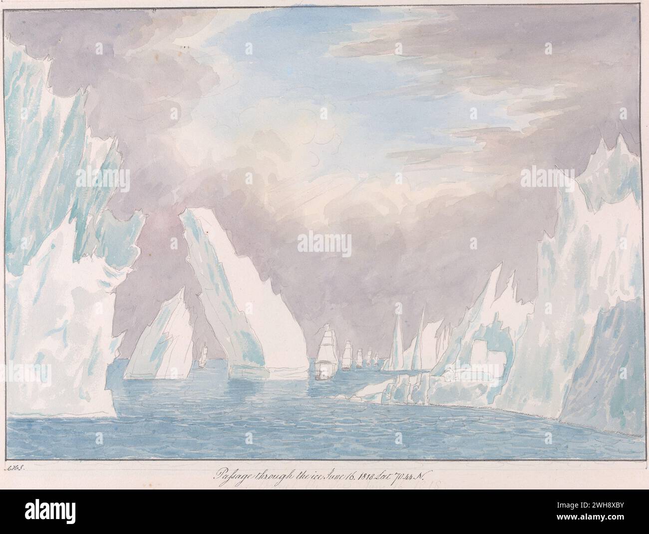 'Passage Through the Ice' tiré du livre 'Views of Polar Regions' de Charles Hamilton Smith, belge, non daté, aquarelle et graphite sur papier tissé crème modérément épais, modérément texturé, Un grand flotteur de navires naviguant entre de grands icebergs Banque D'Images