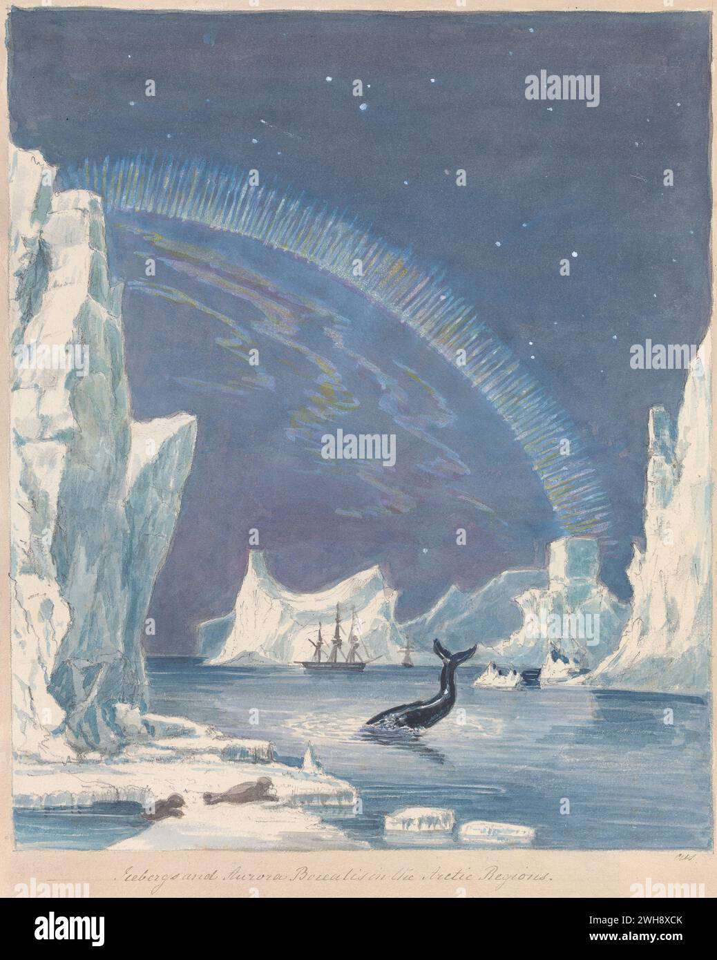 'Icebergs et aurores boréales dans les régions arctiques' du livre 'vues des régions polaires' de Charles Hamilton Smith, belge, non daté, aquarelle et graphite sur papier tissé crème modérément épais, modérément texturé, montre une baleine plongeant dans la mer d'iceberg avec les lumières nordiques dansant Banque D'Images