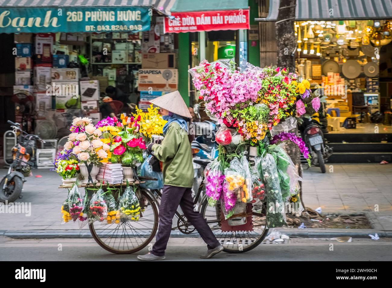 Femme vendeuse de fleurs avec un vélo chargé de fleurs fraîches à vendre, Hanoi, Vietnam Banque D'Images