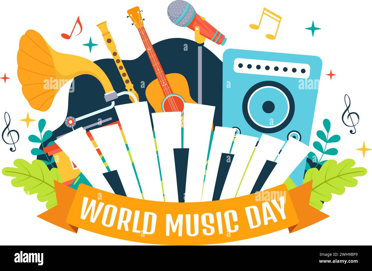 Illustration vectorielle de la Journée mondiale de la musique le 21 juin avec divers instruments de musique et des notes en dessin animé plat Illustration de Vecteur