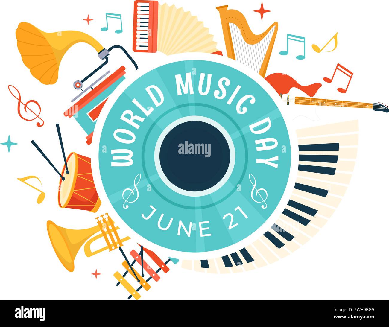 Illustration vectorielle de la Journée mondiale de la musique le 21 juin avec divers instruments de musique et des notes en dessin animé plat Illustration de Vecteur