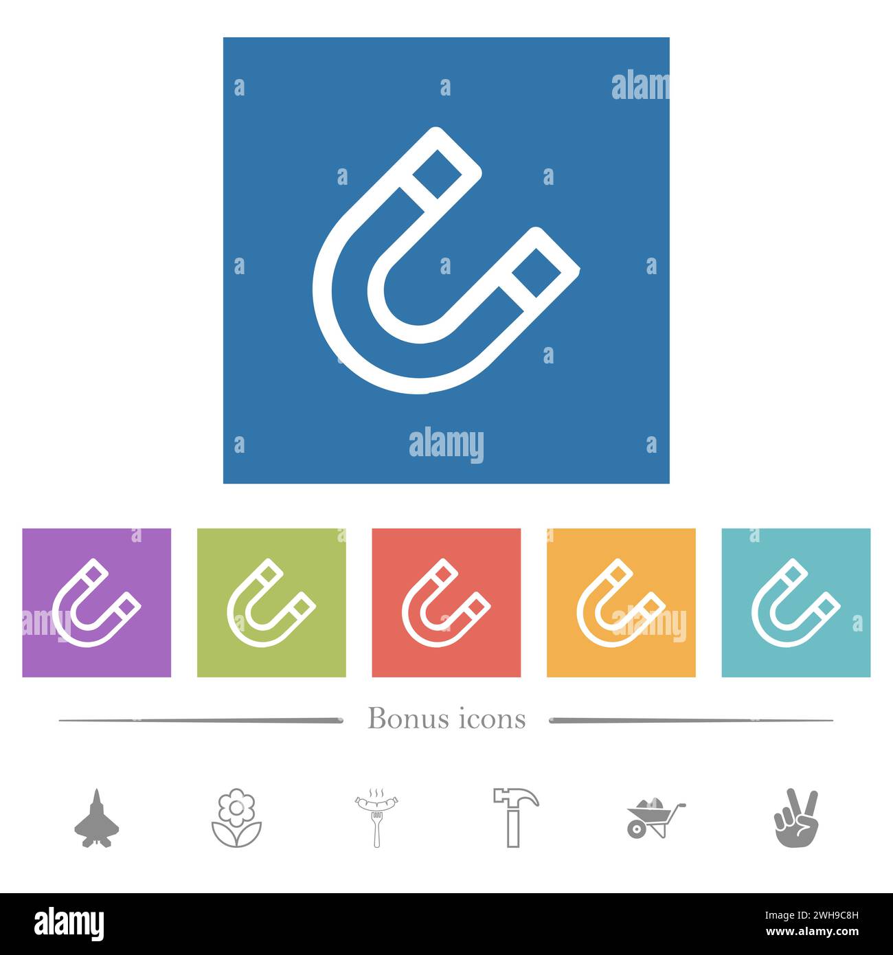 Les icônes blanches plates du contour de l'aimant en fer à cheval sont en arrière-plan carré. 6 icônes bonus incluses. Illustration de Vecteur