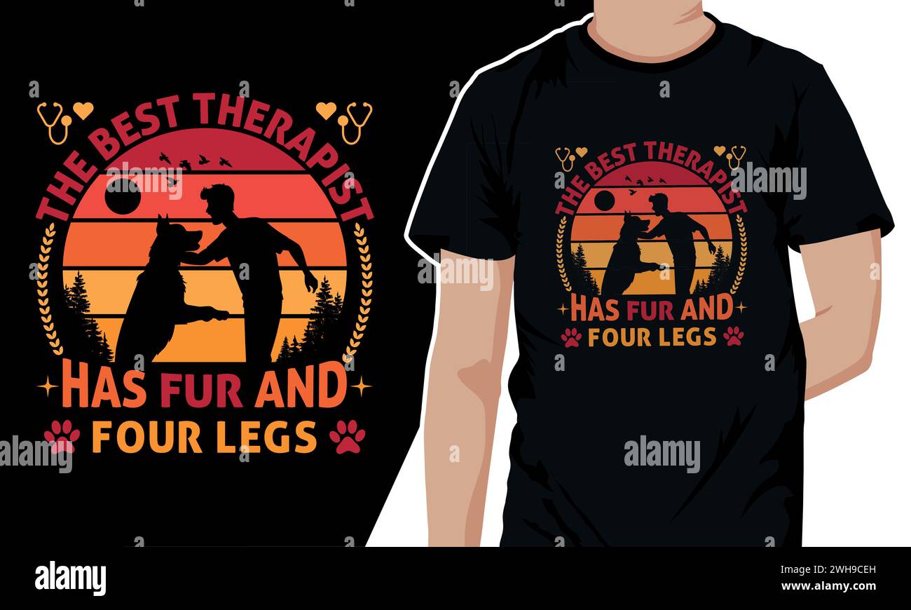 T-shirt « The Best Therapist Has fourrure and four leg » pour amoureux des chiens. Homme serrant son chien dans ses bras Illustration de Vecteur