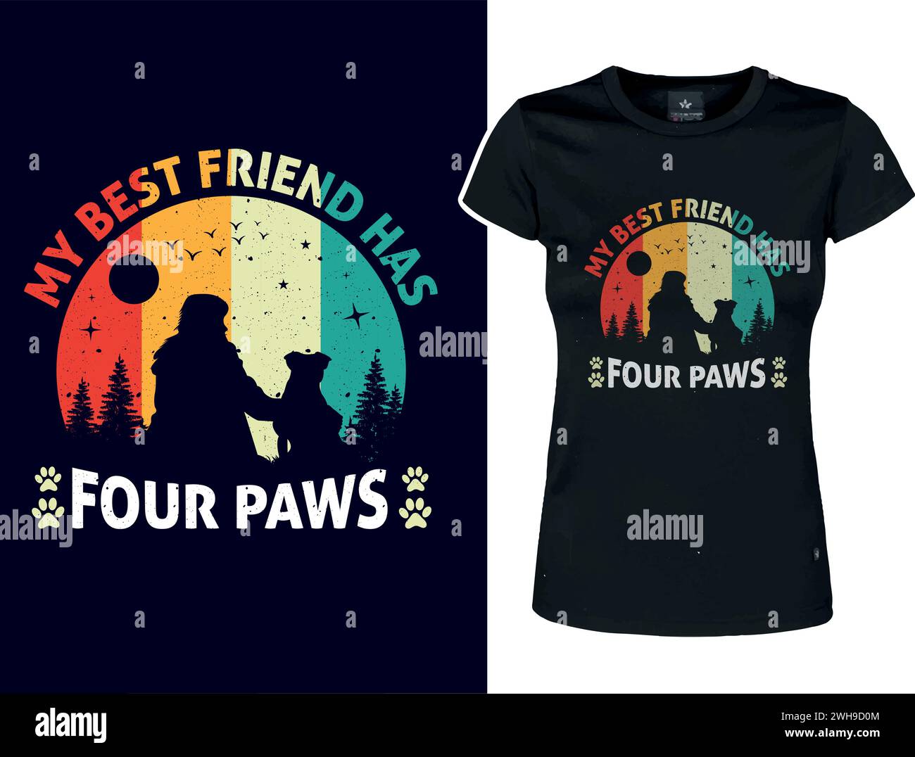 T-shirt « My Best Friend Has four Paw » pour amoureux des chiens. La fille est assise avec un chien Illustration de Vecteur