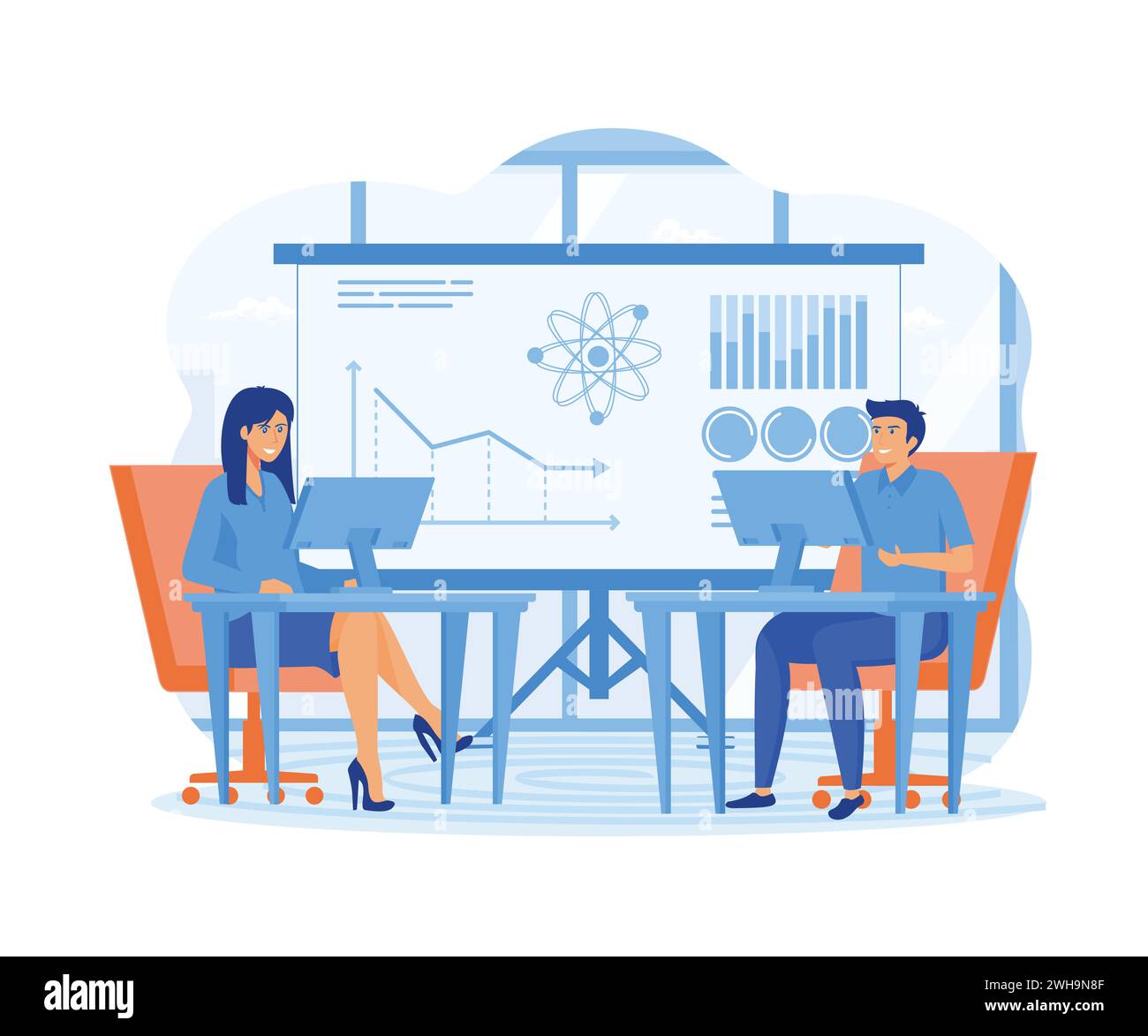 Concept de science des données. Ingénieur logiciel, statisticien, visualiseur et analyste travaillant sur un projet. illustration moderne vectorielle plate Illustration de Vecteur