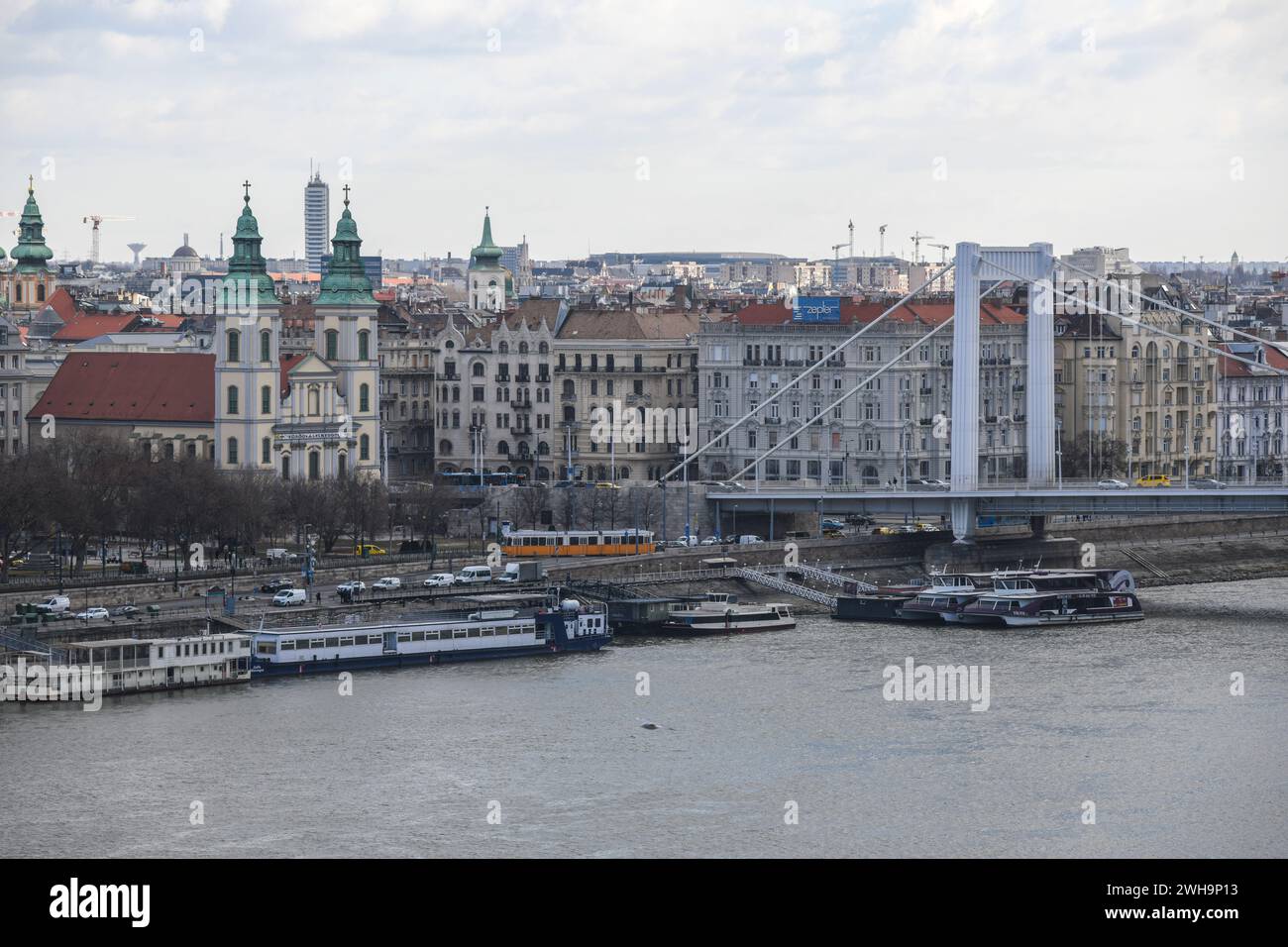Budapest : vue panoramique sur le pont Elisabeth, l'église paroissiale principale de l'Assomption et le Danube. Hongrie Banque D'Images