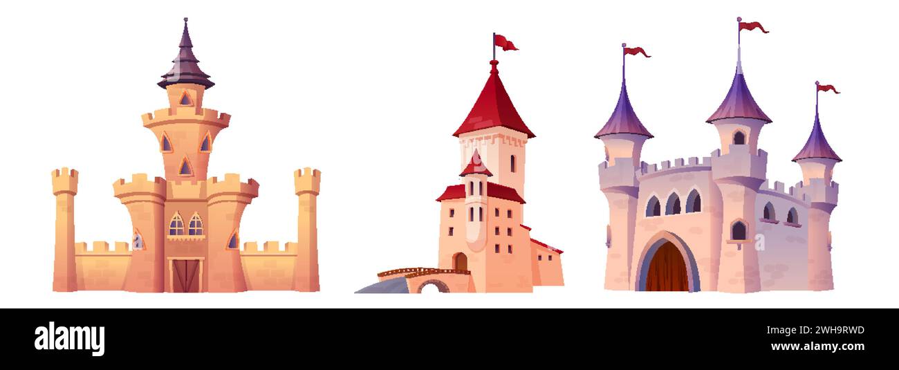 Ensemble de châteaux médiévaux isolés sur fond blanc. Illustration vectorielle de dessins animés de palais royaux, drapeaux sur les toits, les fenêtres et les portes en bois. stone wa Illustration de Vecteur