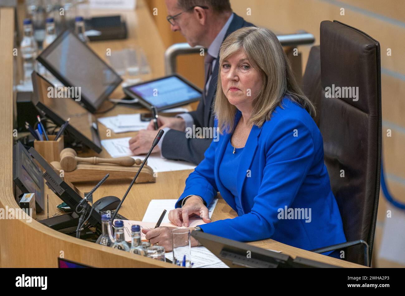 Photo du dossier datée du 21/09/23 de la présidente d'audience Alison Johnstone, qui espère modifier l'horaire des affaires à Holyrood afin que les MSP puissent soulever « les questions les plus importantes de la journée » avec les ministres le jour où elles se produisent. Mme Johnstone a déclaré qu'elle avait examiné la question à l'approche du 25e anniversaire du Parlement écossais, plus tard cette année. Date d'émission : vendredi 9 février 2024. Banque D'Images