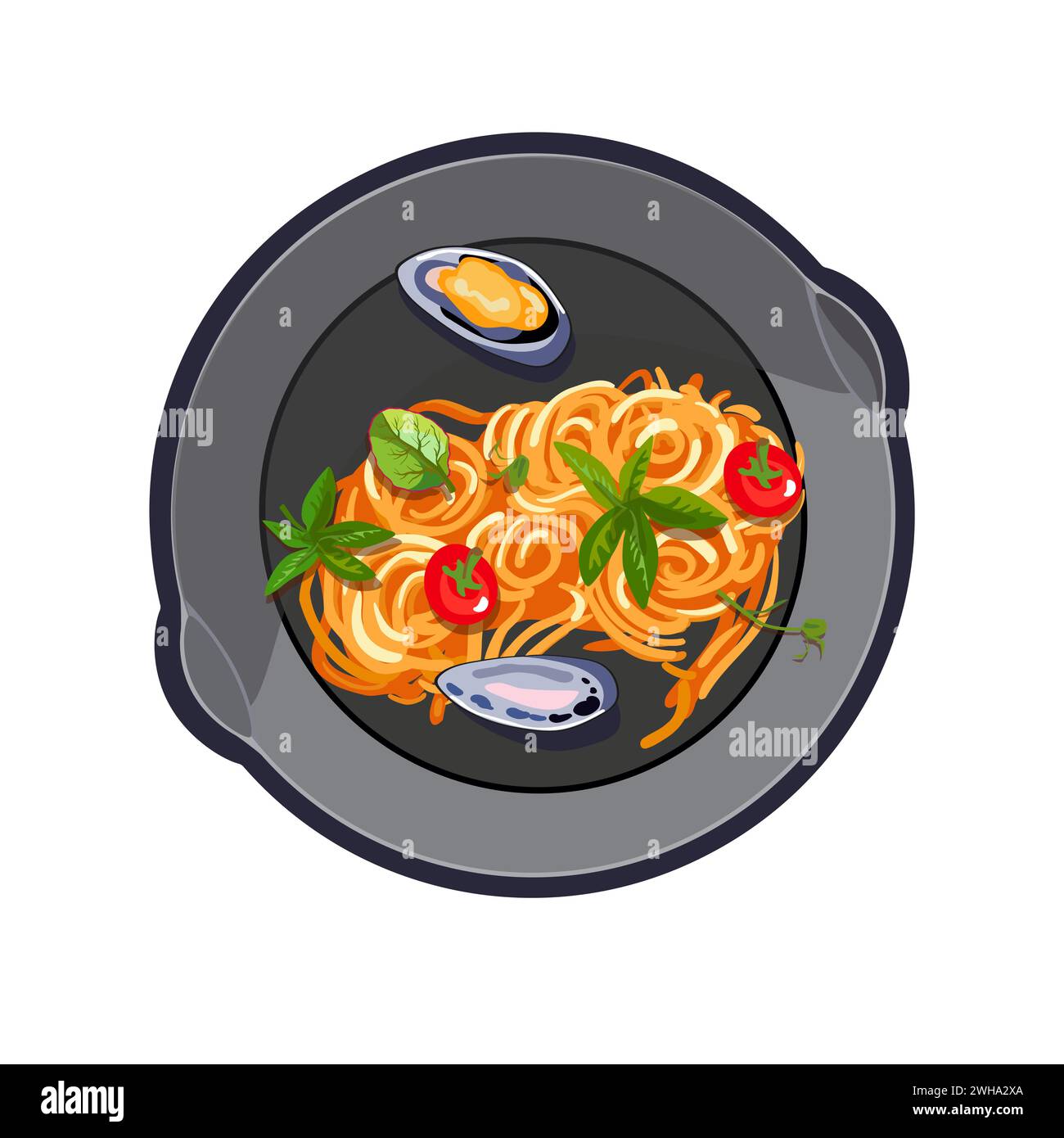 Cuisine italienne dans une poêle à frire. Spaghetti aux fruits de mer. Des aliments sains appétissants. Alimentation saine. Plat réaliste pour les menus de restaurant et de café. Illustration vectorielle Illustration de Vecteur