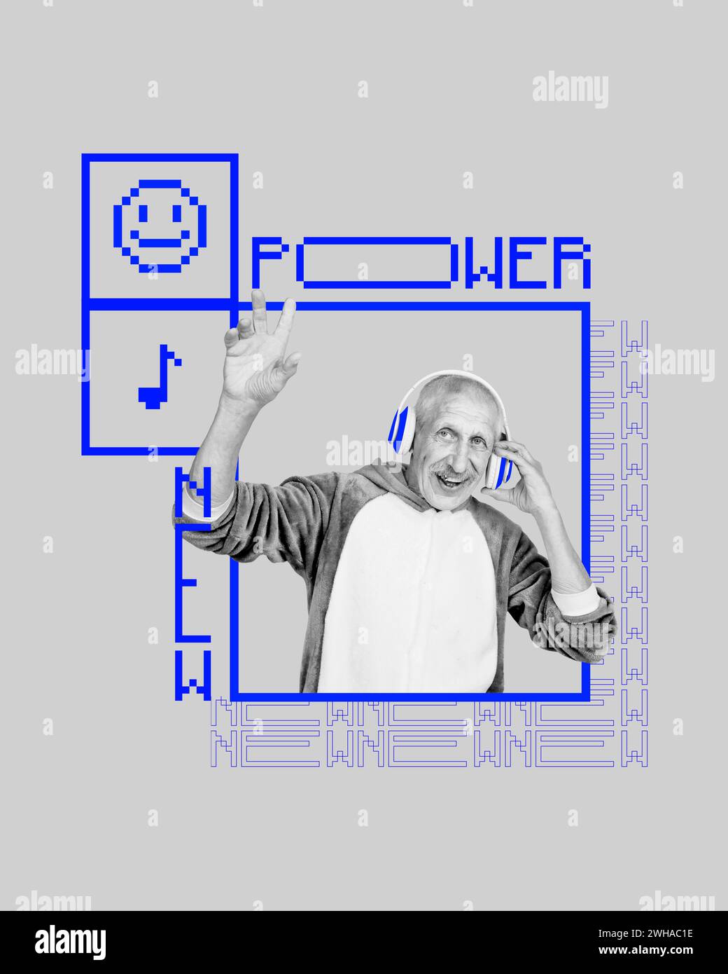 Homme senior en pyjama drôle chaud écoutant de la musique dans des écouteurs sur des icônes numériques. Matériel promotionnel pour les services en ligne Banque D'Images