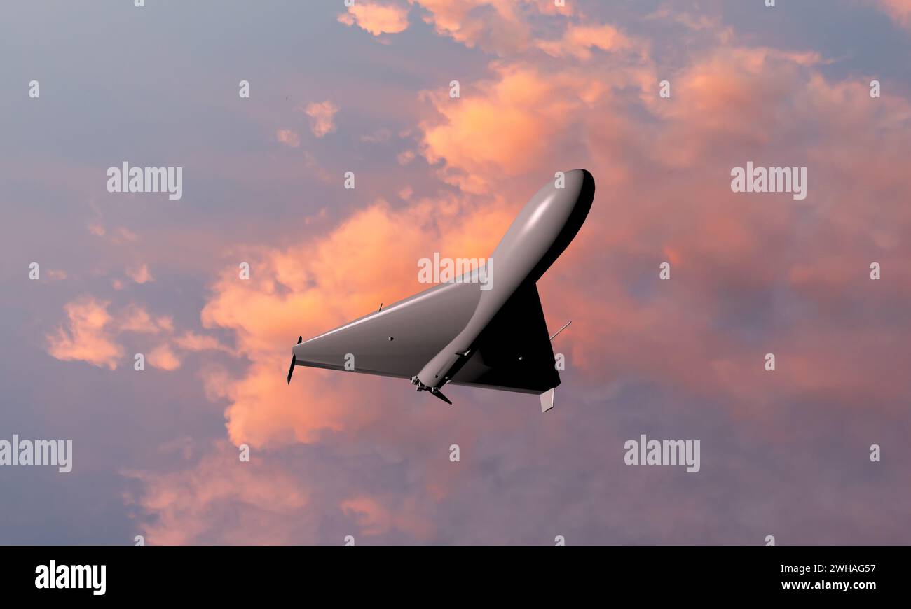 Un drone de combat kamikaze vole contre le ciel et les nuages, attaque et ciblage UAV, guerre en Ukraine et en Russie. Banque D'Images