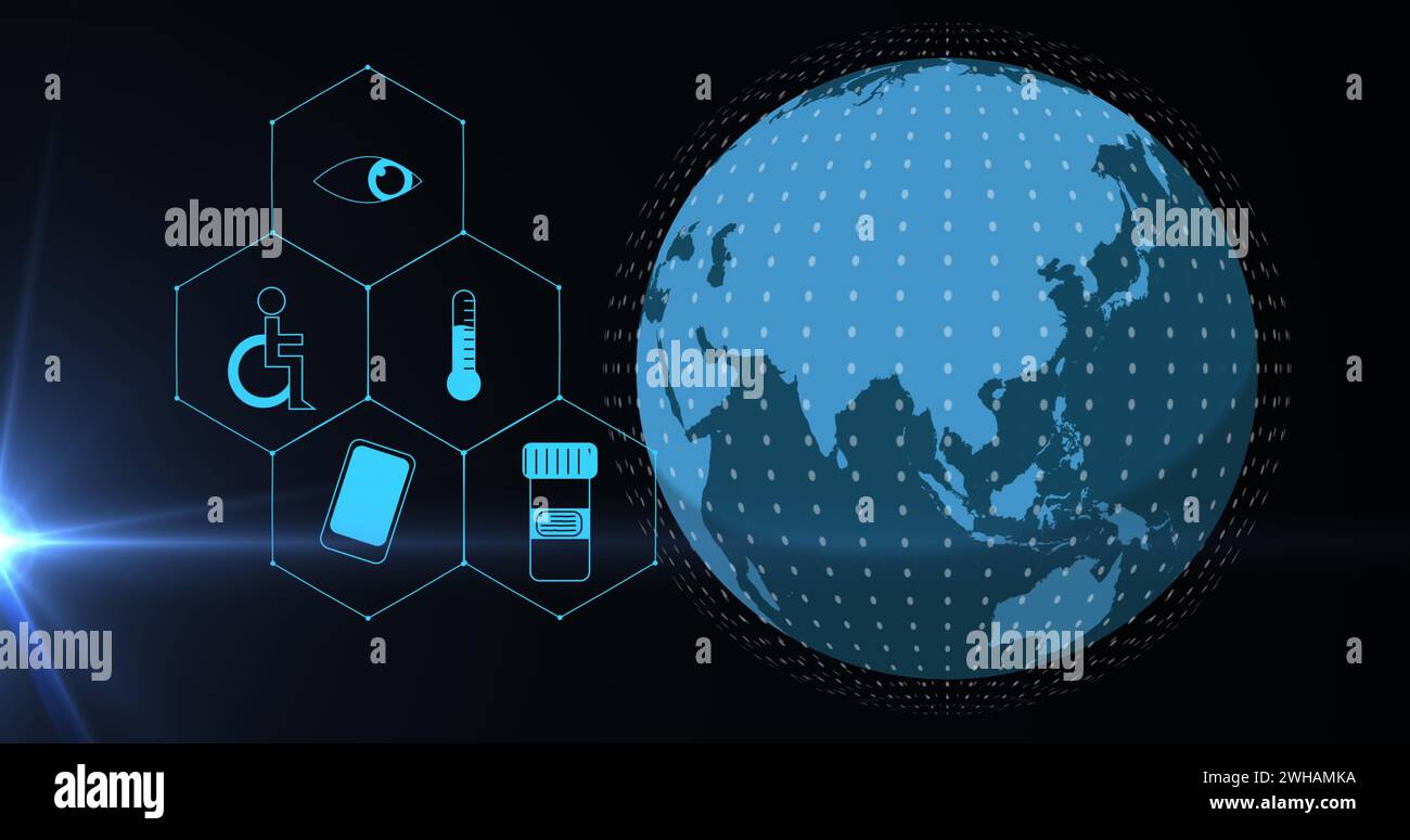 Image d'icônes médicales et globe sur fond noir Banque D'Images