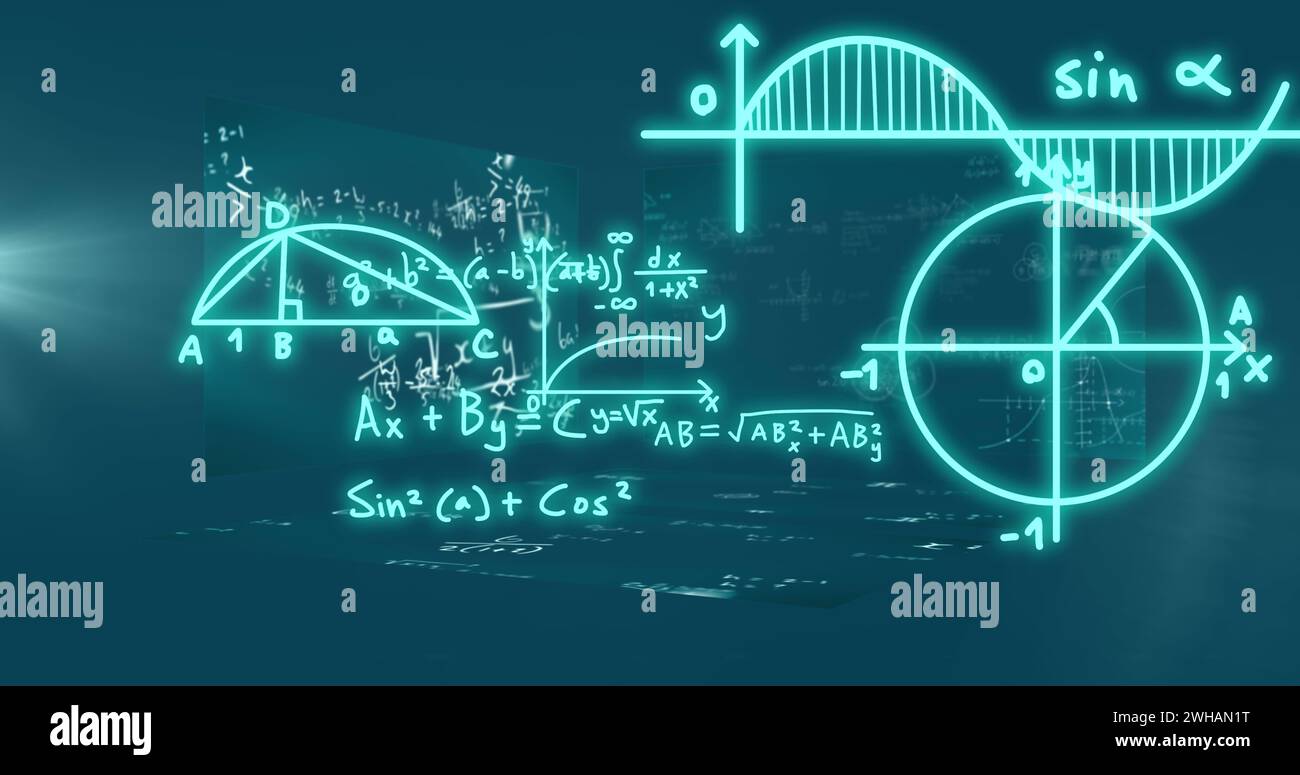 Image de formules mathématiques et de traitement de données scientifiques sur fond noir Banque D'Images