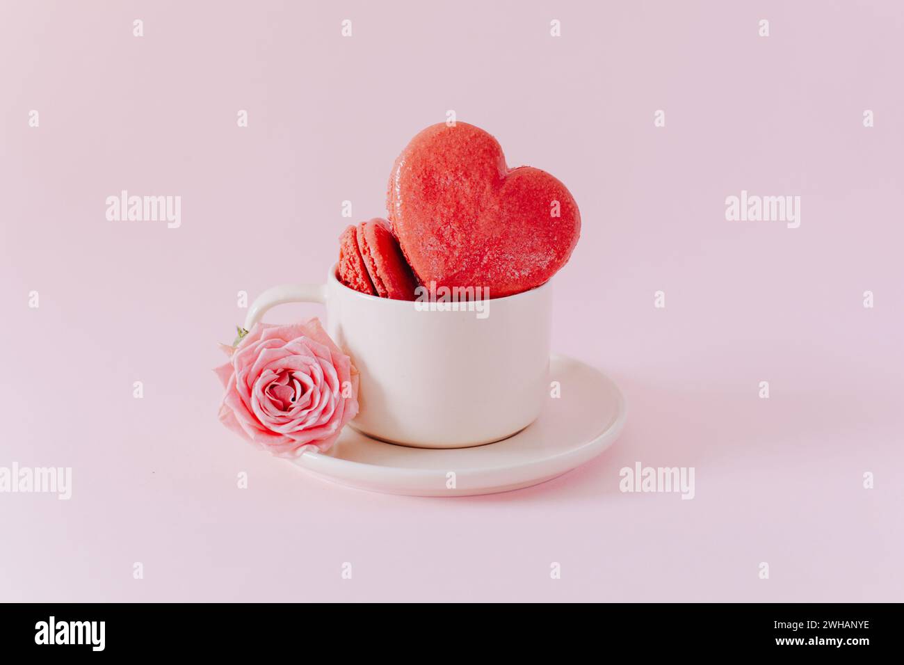 Macarons français en forme de coeur rose avec des fleurs de rose sur un fond pastel rose. Concept pour la Saint Valentin. Placer pour le texte. Banque D'Images