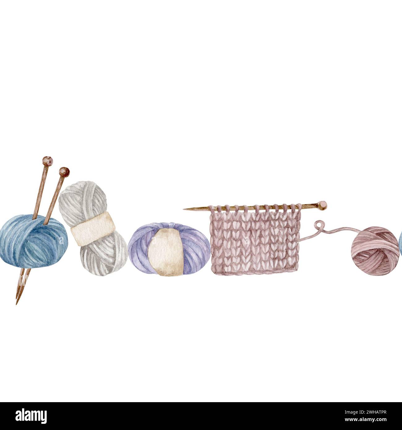frontière avec boule à tricoter de fil, aiguille pointue simple, tissu à tricoter, illustration aquarelle, dessin à la main, bannière Banque D'Images