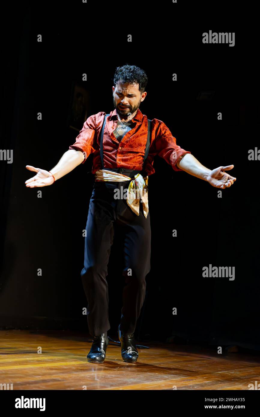 Un danseur masculin de flamenco étend ses bras avec une intensité émotionnelle sur une scène chaleureusement éclairée, créant une scène puissante. Banque D'Images