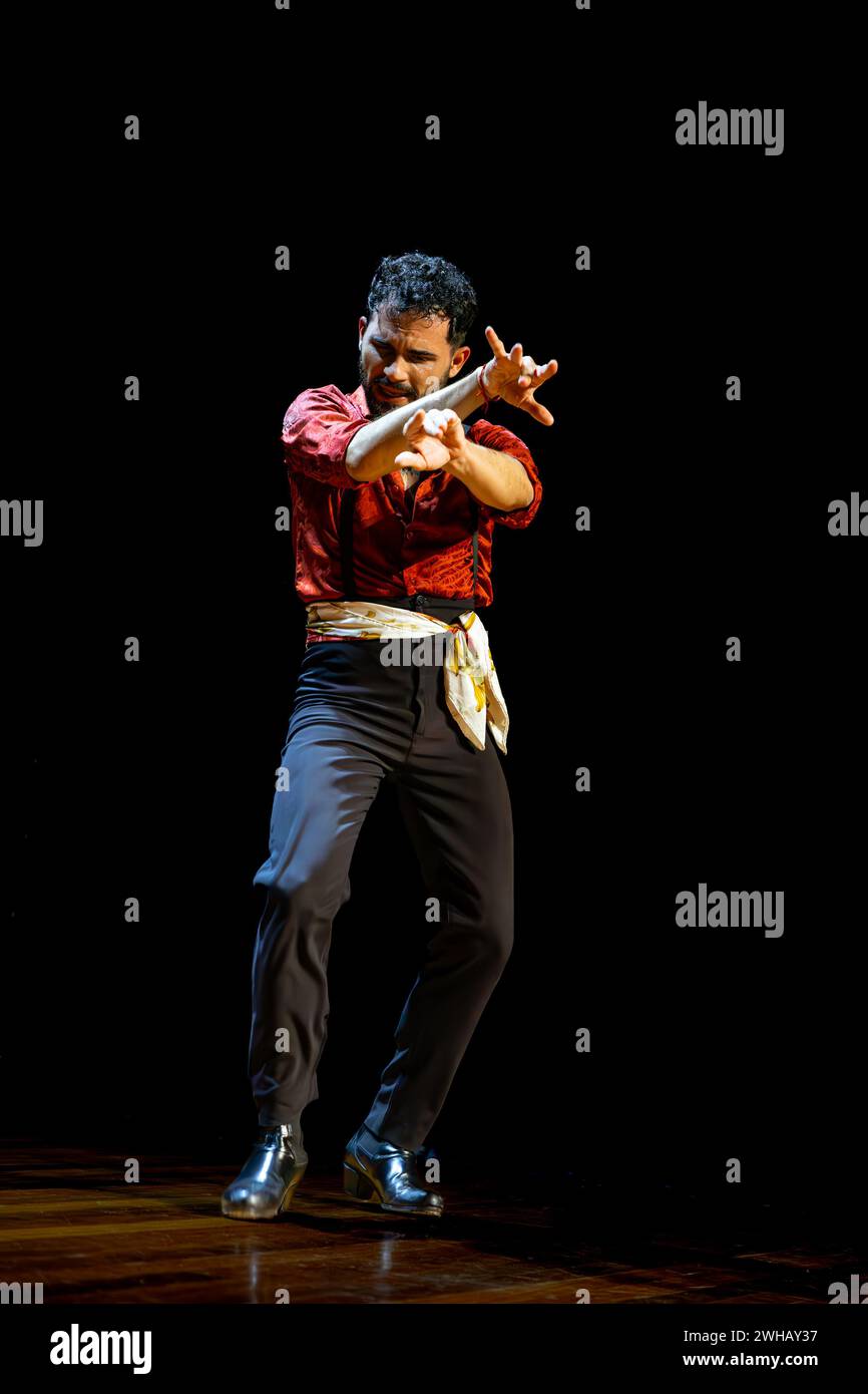 Danseur de flamenco masculin dans une chemise rouge capture l'intensité de la danse avec de puissants mouvements de bras sur scène. Banque D'Images