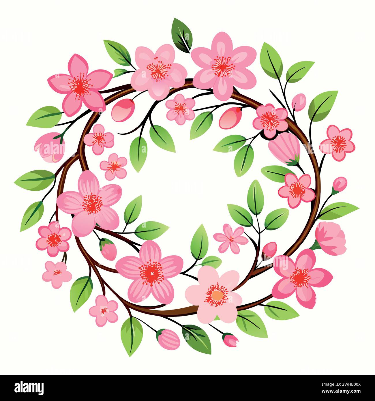 Mignon Cherry Blossom Wreath Flower Clipart, peinture aquarelle, minimal Illustration de Vecteur