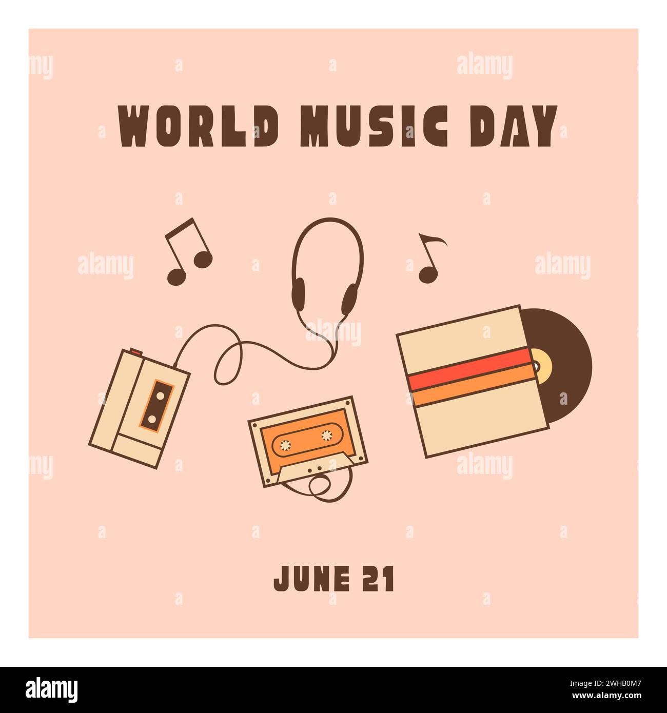 Carte carrée de la Journée mondiale de la musique de style rétro, design de bannière. Appareils de musique vintage, disque vinyle et cassette. Vecteur démodé nostalgique Illustration de Vecteur