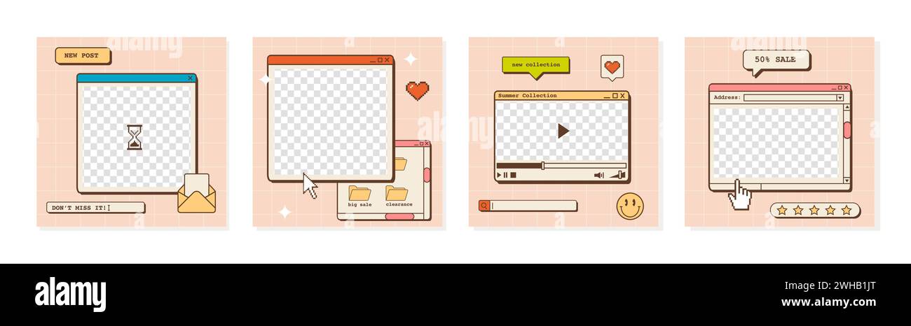 Ensemble de modèles de post ig avec l'ancienne interface utilisateur de l'ordinateur. Design nostalgique pour les affiches carrées de médias sociaux. Rétro 80s 90s arrière-plans esthétiques, groovy Illustration de Vecteur