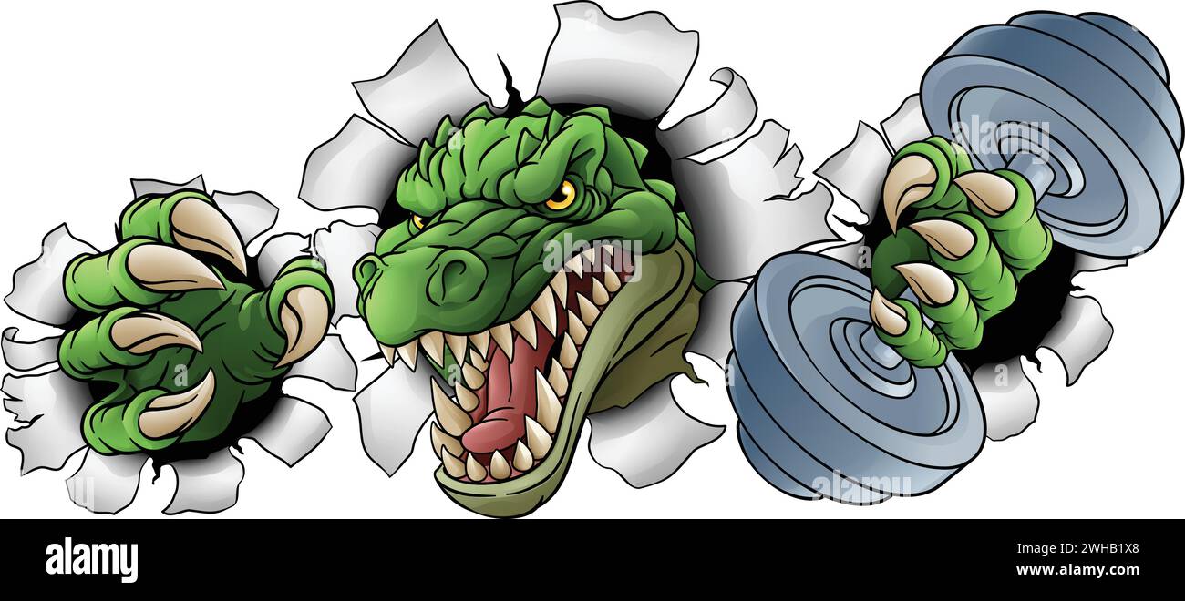 Mascotte de levage de poids crocodile Dinosaur Alligator Illustration de Vecteur
