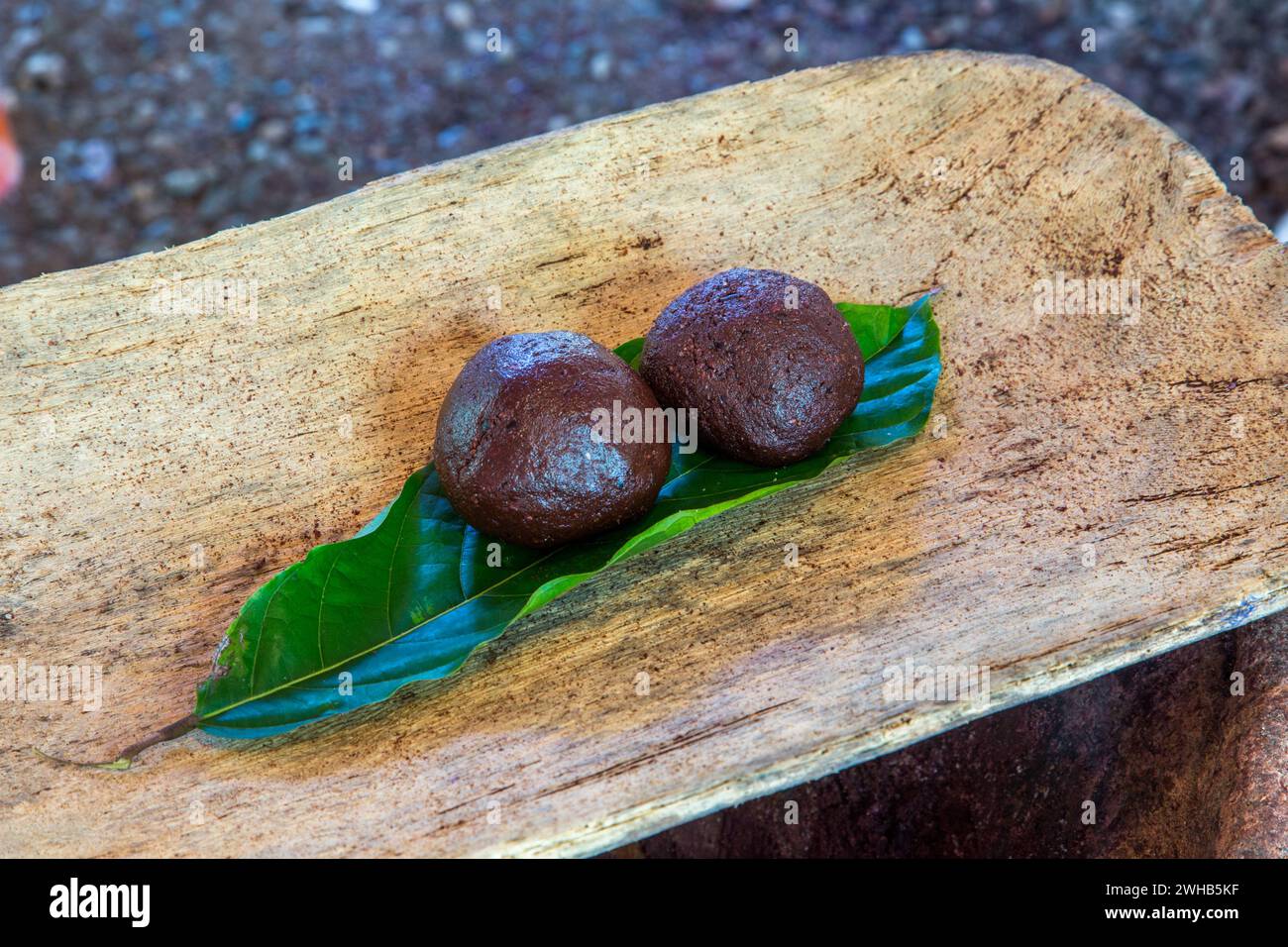 Deux boules de cacao pur sur un plateau en bois sculpté à la main lors d'une démonstration lors d'une visite de plantation de cacao. République dominicaine. Banque D'Images