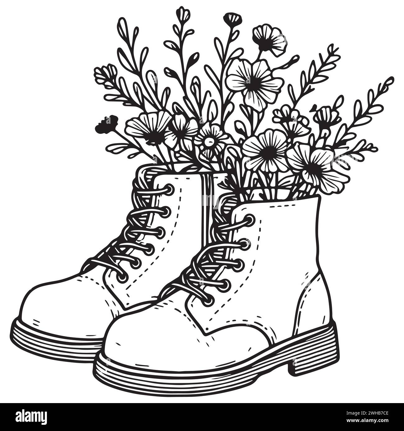 Illustration minimaliste et élégante avec un bouquet de fleurs en bottes. Style linéaire et noir et blanc créent un look moderne et sophistiqué, whi Illustration de Vecteur