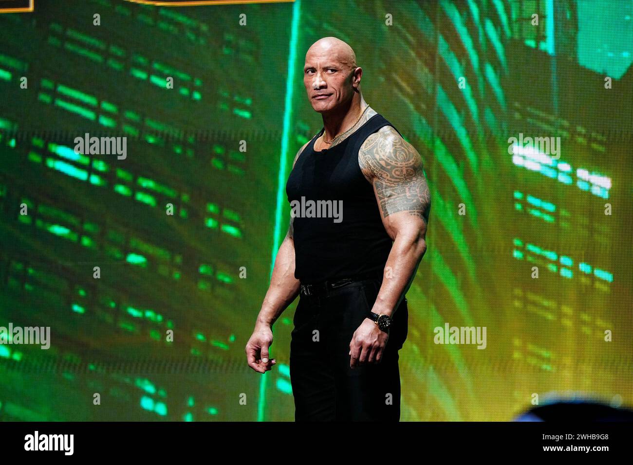 Las Vegas, Nevada, États-Unis. 08th Feb, 2024. LAS VEGAS, NV - 8 février 2024 : Dwayne Johnson au T-Mobile Arena pour le coup d'envoi de Wrestlemania XL le 8 février 2024 à Las Vegas, NV, États-Unis. (Photo de Louis Grasse/PXimages) crédit : PX images/Alamy Live News Banque D'Images
