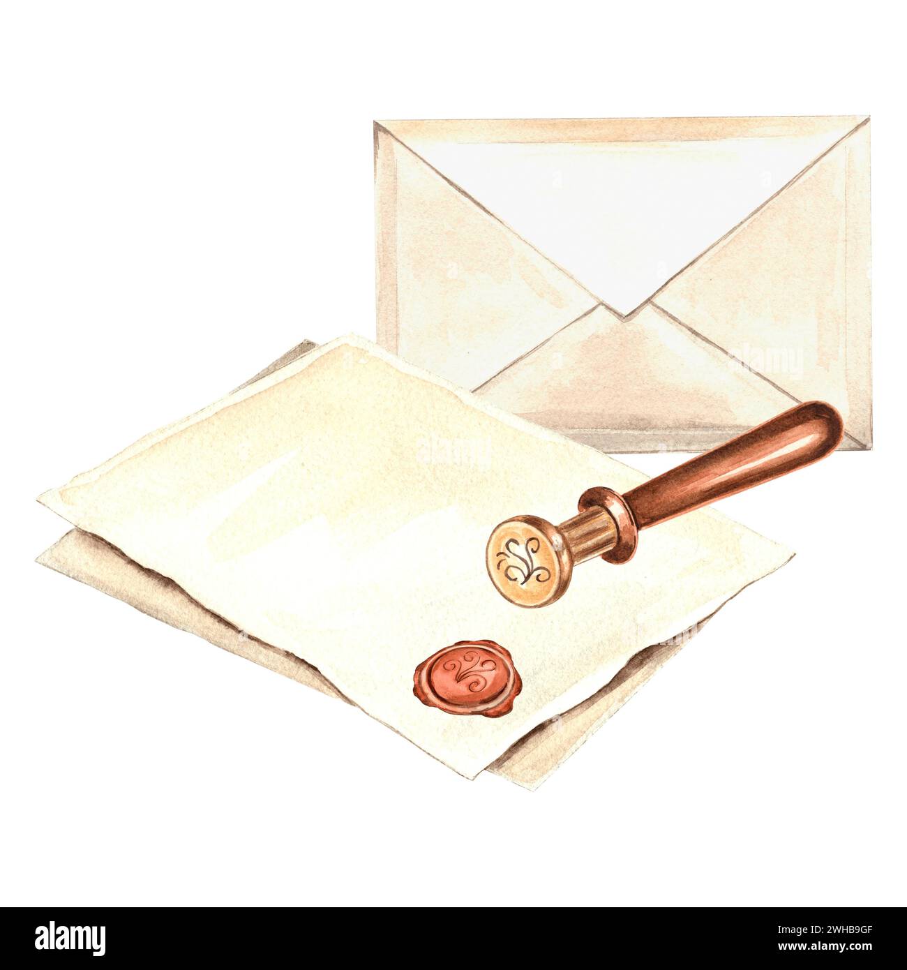 Feuilles de papier parchemin avec impression, enveloppe scellée et stylo de sceau de cire de bronze vintage. Illustration aquarelle de modèle de fournitures d'écriture. Isoler Banque D'Images