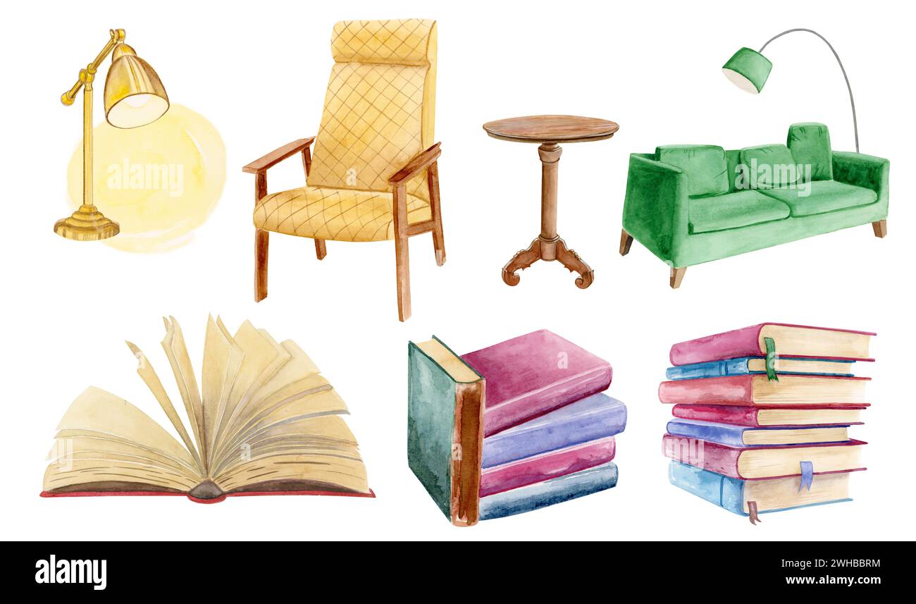 Joli ensemble aquarelle mignon et chaud de livres à couverture rigide vintage, lampe de bureau, table de livre, chaise moutarde, canapé vert et livre ouvert avec des pages jaunes Banque D'Images