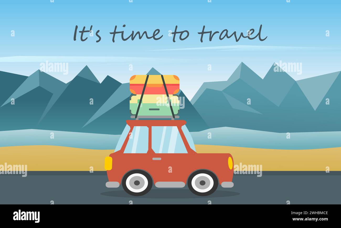 Road trip vacances en voiture sur l'autoroute avec vue sur la plage et les collines. Il est temps de voyager. Illustration vectorielle. Illustration de Vecteur