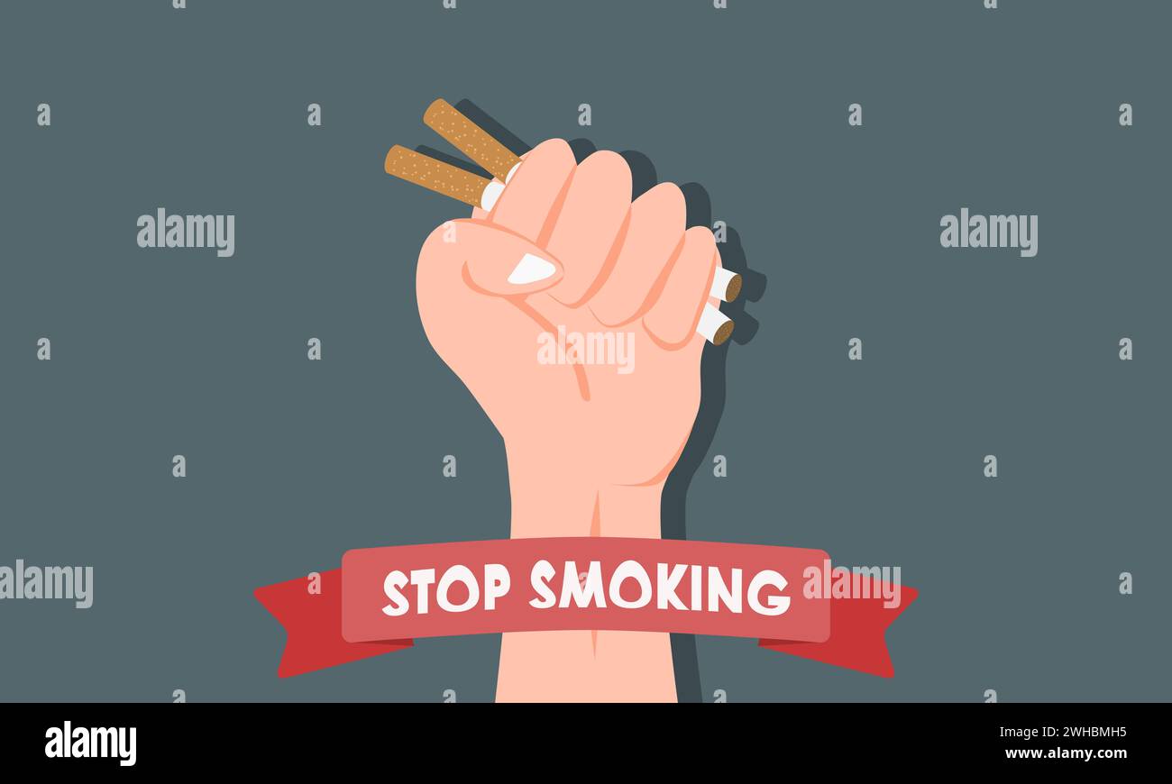 Concept arrêter de fumer. Écrasant ou tenant la cigarette à la main. Conception du concept de la Journée mondiale sans tabac. Illustration vectorielle. Illustration de Vecteur